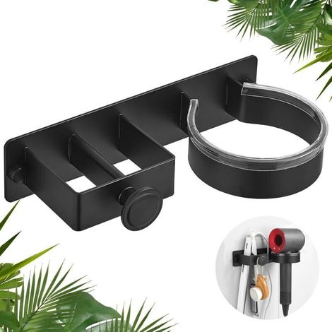 3-in-1-Wandhalterung für Haartrockner – Kompatibel mit Haartrocknern, Glätteisen und Zubehör, zwei Montageoptionen – Schwarz (1/4)