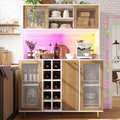 Buffet de cuisine 120 x 40 x 180 cm avec LED, prise, 5 portes, blanc bois DESVIAE (1/5)