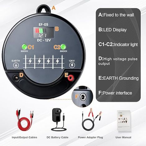Électrificateur de Clôture 12V, 3J 12KV Électrique 230V Portée 24km Multiples Options d’Alimentation (Secteur/Batterie/Solaire), Chargeur de Clôture Électrique pour Fermes, Bétail et Chevau (1/4)