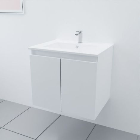 Cuisibane – Meuble double vasque suspendu 60 cm – Plan vasque en céramique – Caisson en panneaux de particules – 2 portes battantes avec amortisseurs