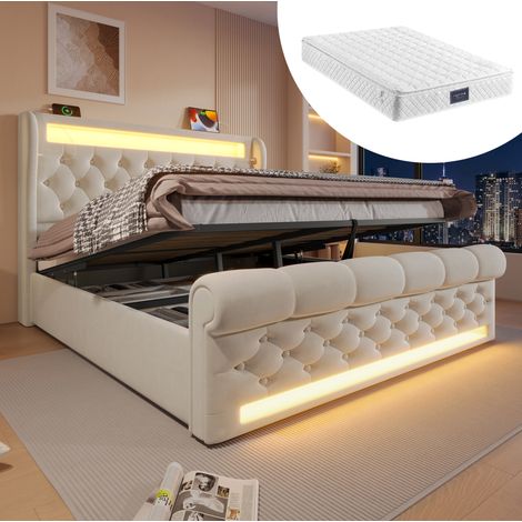 Cama 140x200 cm beige tapizada en terciopelo, con LED y almacenaje hidráulico (1/5)