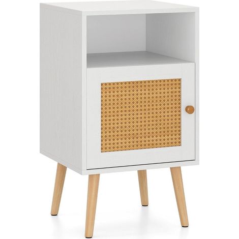 Comodino in rattan con contenitore ripiano aperto e anta bianco
