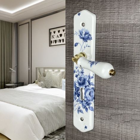 Ouvre&Déco – 2 poignées de porte Porcelaine modèle Bleuet - Entrée de Clé - Entraxe 195 mm