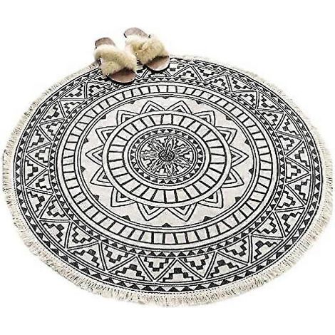 Runde Teppiche, kreisförmige Teppiche, gestreift, rutschfest, handgewebt, pflegeleichte Baumwollteppiche mit Mandala-Muster im Bohème-Stil, 90 cm