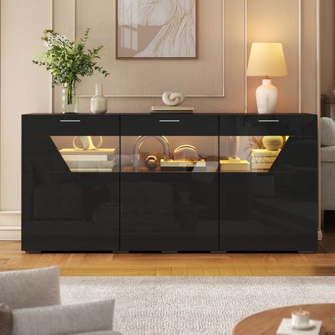 Sideboard 160 x 38 x 78 cm - app-steuerbare LED-Beleuchtung, Glastüren, Hochglanz-Oberfläche - moderner Stil - Spanplatte - Schwarz