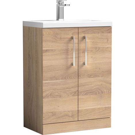 Nuie Arno Compact Floor Standing 2-Door Vanity Unit with Ceramic Basin 600mm Wide - Bleached Oak