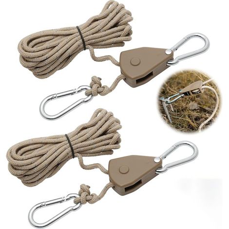 Lot de 2 cliquets de corde 4 m, kaki 1/8, crochet pour corde à cliquet réglable pour lampe de plante, tente, randonnée (1/5)