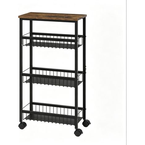 Carrito auxiliar con ruedas, carro de cocina negro efecto madera vintage, MDF y metal (1/5)