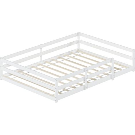 Lit Montessori enfant 140x200 avec barrière 4 côtés, sommier inclus, bois de pin blanc, montage facile, couchage au sol sécurisé pour chambre – CHICFURN (1/5)