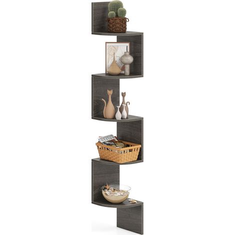 COSTWAY 5-Tier Corner Shelf Wall Mount Floating Corner Bookshelf-Grey (1/5)