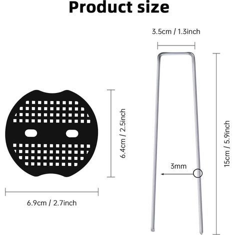 Lot de 50 piquets d'ancrage et 50 disques tampons, piquets anti-rouille en acier, clous U pour fixation de gazon artificiel, clôture, non-tissé anti-mauvaises herbes (1/4)
