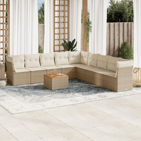 Ensemble Salon Jardin 10 Places Résine Tressée Beige avec Coussins - Table Acacia, Modulaire, Housse Lavable (1/3)