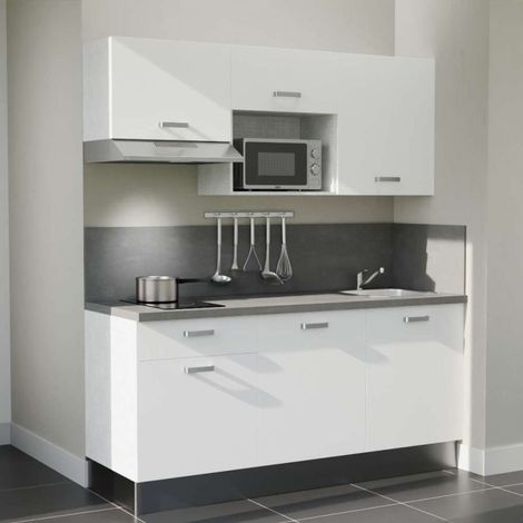 Kitchenette 180 cm K30 Blanc - Plan de travail Gris béton - Crédence : Oui - avec plaque, hotte et micro-ondes Inox (1/5)