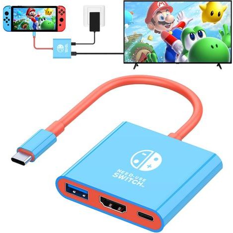 Adaptateur USB C vers HDMI pour Switch/Switch2/OLED, Dock 3 en 1 TV Switch Adaptateur avec câble HDMI 4K, Charge de Type C 100 W, Compatible avec Switch/OLED, Steam Deck, Smartphones, PC (Bleu)