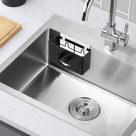 Küchenspülen-Organizer, kompaktes Set für Schwämme und Tücher, Bürste, Spülmittelhalter, Wandhalterung mit transparentem Klebehaken und zwei Saugnäpfen, perforierter Abtropfkorb (1/5)