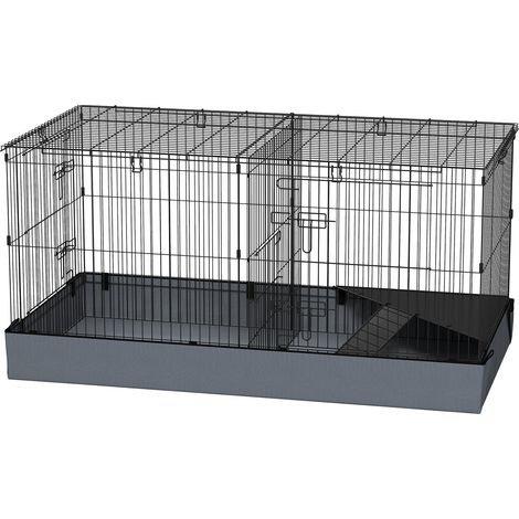 Kleintierkäfig, Kleintierstall mit Rampe, Trennwand, Nagerkäfig mit abnehmbarem Verdeck, Stoffboden, Kaninchenkäfig für Kleintiere Stahl Schwarz Aosom