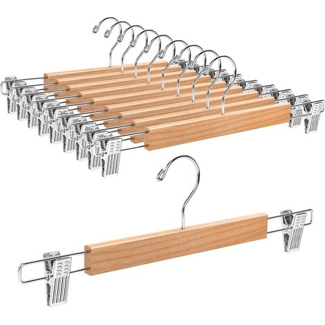 Packung mit 10 35 cm großen Kleiderbügeln aus Naturholz, robust und glänzend, für Hosen, Shorts, Röcke, Socken, Unterwäsche, mit rutschfesten Clips und drehbaren Haken. (1/5)