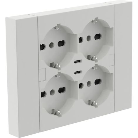 Prise encastrée Quadra 4 places universelle P40 + 2 USB-C, compatible avec toutes les boîtes encastrées à 3 prises (maçonnerie ou plaque de plâtre) (1/5)