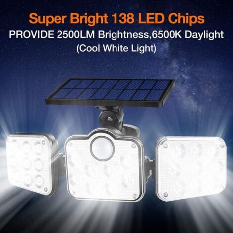 Lot de 2 projecteurs solaires extérieurs 138 LED 2200 lm avec télécommande, étanche IP65, 3 têtes réglables, grand angle 270°, lumière de sécurité sans fil pour garage, terrasse, porche, jardin (1/3)