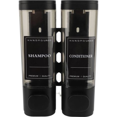 Wall-mounted pressure pump soap dispenser, 300ml, double-headed ABS, transparent view, black shampoo (1/5)