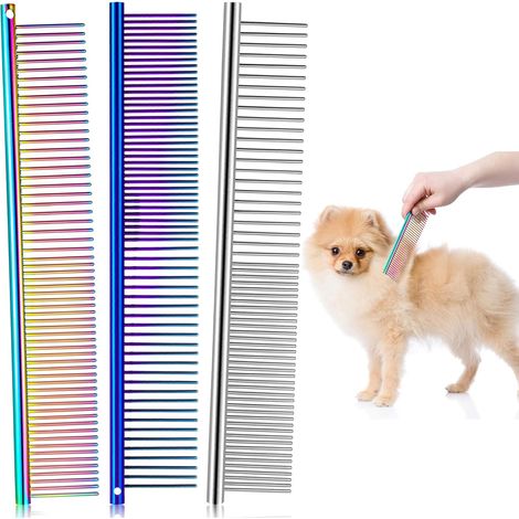 Lot de 3 peignes en acier inoxydable pour animaux de compagnie, peigne de toilettage multicolore pour chiens et chats, avec dents en acier inoxydable pour démêler les nœuds et les enchevêtrements, pou (1/5)