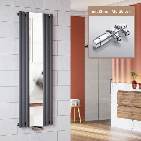 SONNI Design Radiatore verticale con specchio Radiatore tubolare 1800x500mm Radiatore a pannello monostrato Antracite, con multiblock cromato (1/5)