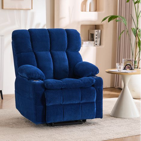 Poltrona Relax Elettrica con Alzata Assistita, Massaggio 8 Punti, Poggiatesta Regolabile, Portabicchiere, Flanella Blu (1/5)