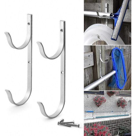 Rangement robuste pour perches de piscine : 2 supports larges avec vis pour épuisettes, brosses et tuyau d’aspirateur. (1/3)