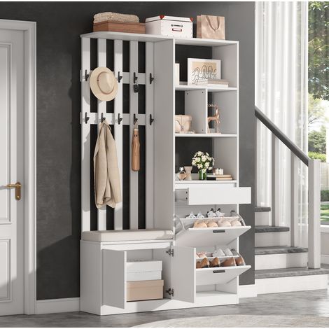 Appendiabiti da ingresso con panca, scarpiera a 2 ante, cassetto e 10 ganci, mobile contenitore per corridoio in MDF bianco, 120x30x200 cm (1/5)