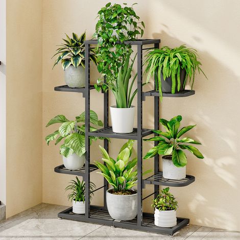 Étagère à fleurs d'intérieur en métal à 5 niveaux, antidérapante et étanche, pour coin, pour terrasse, jardin, salon, balcon - Gris foncé (1/5)