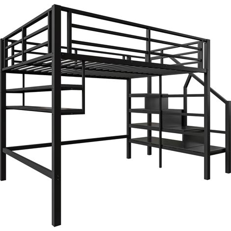 Letto a soppalco per bambini 140 x 200 cm in metallo e MDF nero, con scaffali e scala contenitore (1/5)