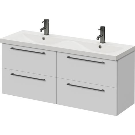 Napoli 390 Gloss White 1200mm Wall Mounted 4 Drawer Vanity Unit with Double Glide Basins - 1200mm - Gunmetal Grey 320mm Handle