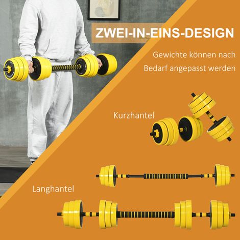 25 kg Kurzhanteln und Langhantel, 3-in-1 verstellbares ergonomisches Kurzhantelset, 12 Scheiben, 2 kurze Stangen, 1 lange Stange, Gelb + Schwarz. (1/5)