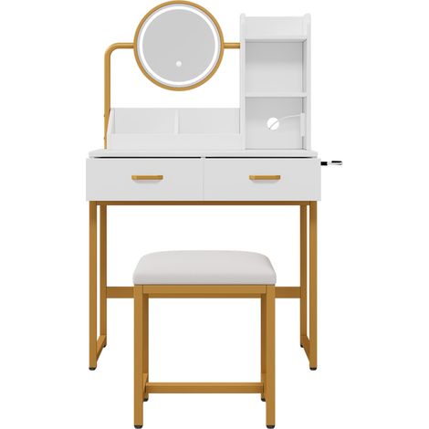 Toeletta moderna bianca e dorata con specchio LED girevole, prese, sgabello e 2 cassetti (1/5)