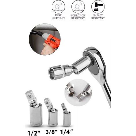 SET 3 ADATTATORI 3/8" 1/2" 1/4" A SNODO GIUNTO GIREVOLE UNIVERSALE ADATTATORE