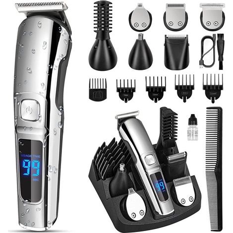 Tondeuse Chevex Homme Professionnelle -Tondeuse Barbe Sans Fils- Rechargeable et Etanche- 6 Tête de Rasage et 5 Sabots, Argent (1/4)
