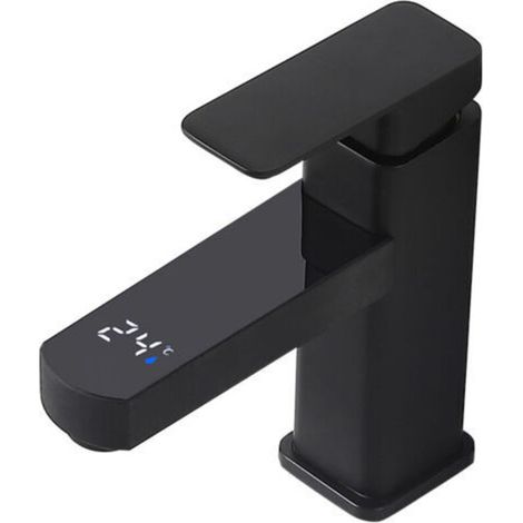 Robinet à trou unique, Robinet de contrôle de température de robinet numérique de salle de bains, robinet de lavabo d'eau chaude et froide de cuisine, robinets mélanurs en laiton, noir (1/5)