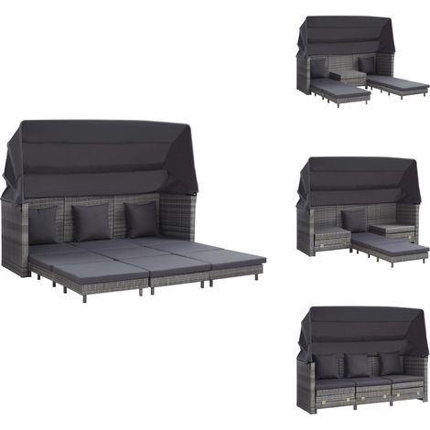 Ausziehbares 3-Sitzer-Schlafsofa mit Dach Poly Rattan Grau - Gartenschlafcouch - Outdoor Couch - Rattan Möbel - Gartenmöbel - Lounge Sofa (1/5)