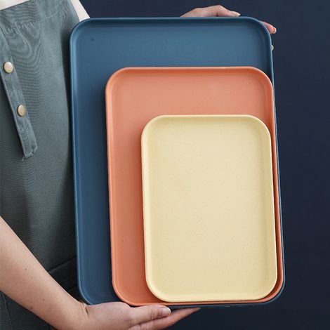 Plateau de service de cuisine rectangulaire en paille de blé, style nordique, pour cupcakes, fruits, goûters et thé, jaune, taille M (dimensions : environ 31 x 22,5 cm / 12,2 x 8,9 po) (1/5)