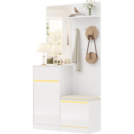 Flurgarderobe mit Schuhschrank, Spiegel, Sitzbank und LED, weiß, 105 x 38 x 190 cm (1/5)