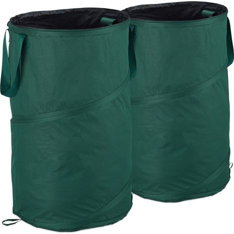 Relaxdays Pop-Up Garden Bag, Waste Bag, Set of 2, 120 Liters, Gardening: ∅ 44 cm, Green (1/5)
