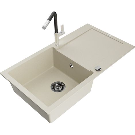 Mexen Leo évier granit 1 bac avec égouttoir et robinet Flora, beige - 6501-69-670401-07-B (1/5)