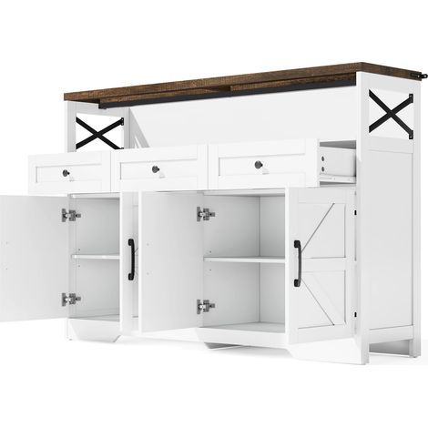 Buffet de 140 cm avec rangement, 3 tiroirs, portes et étagères, style rustique blanc et brun (1/5)