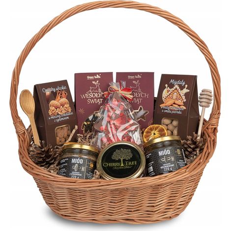Gran cesta de regalo de mimbre para Navidad con té, dulces y miel. (1/5)