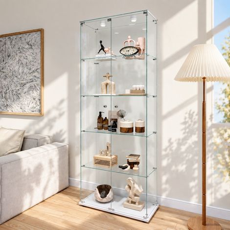 Vitrine en Verre 5 niveaux avec LED tactile, Meuble Vitrines avec 2 portes en trempé avec serrure, Vitrine d'Exposition pour collection, 78 x 34 x 186 cm, Blanc (1/5)