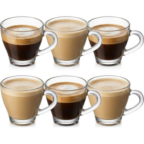 Set 6 Tazzine in Vetro Trasparente con Manico per Caffè Ginseng e Orzo  90 ml di Capacità Design Ergonomico Resistente, Ideale per Casa e Uso Professionale HORECA.
