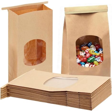 25 sacs en papier kraft avec fenêtre - Sacs cadeaux - Sacs de rangement - Sacs à friandises - Sacs d'emballage - Sacs à gâteaux - Sacs cadeaux pour biscuits maison - 9 x 6 x 17 cm - marron (1/4)