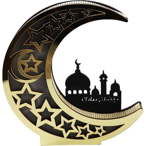 Décoration Ramadan en bois Eid Mubarak Lumières LED Lune dorée Lampe creuse (1/5)