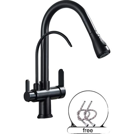 Grifo con filtro de agua, doble manija, caño retráctil, negro mate. (1/2)