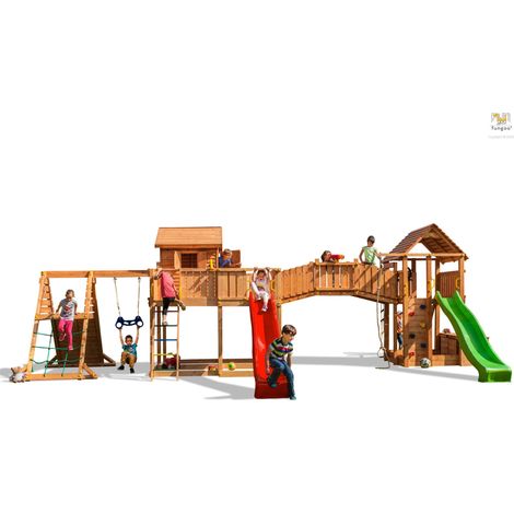 Aire de jeux avec toboggans 2,9m – Mur d'escalade et maisonnettes – Bois épicéa FSC – Surface 58,5m² – Nombre d'utilisateurs max 34 – Fungoo